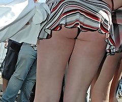 Nylon pantyhose shown off in street upskirt